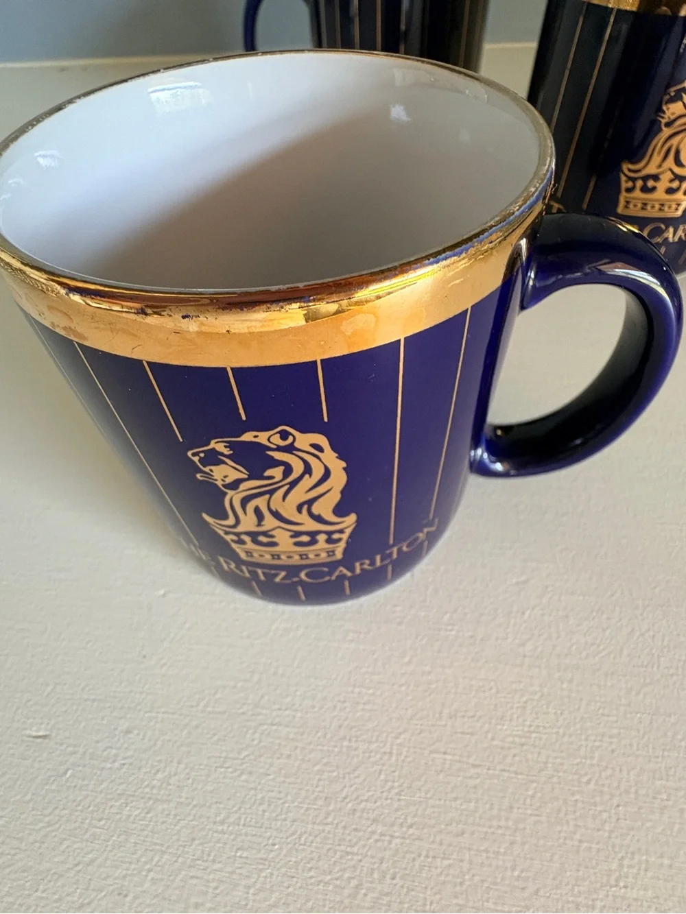 The Ritz-Carlton Logo Coffee Mugs Set of 3 Blue Gold